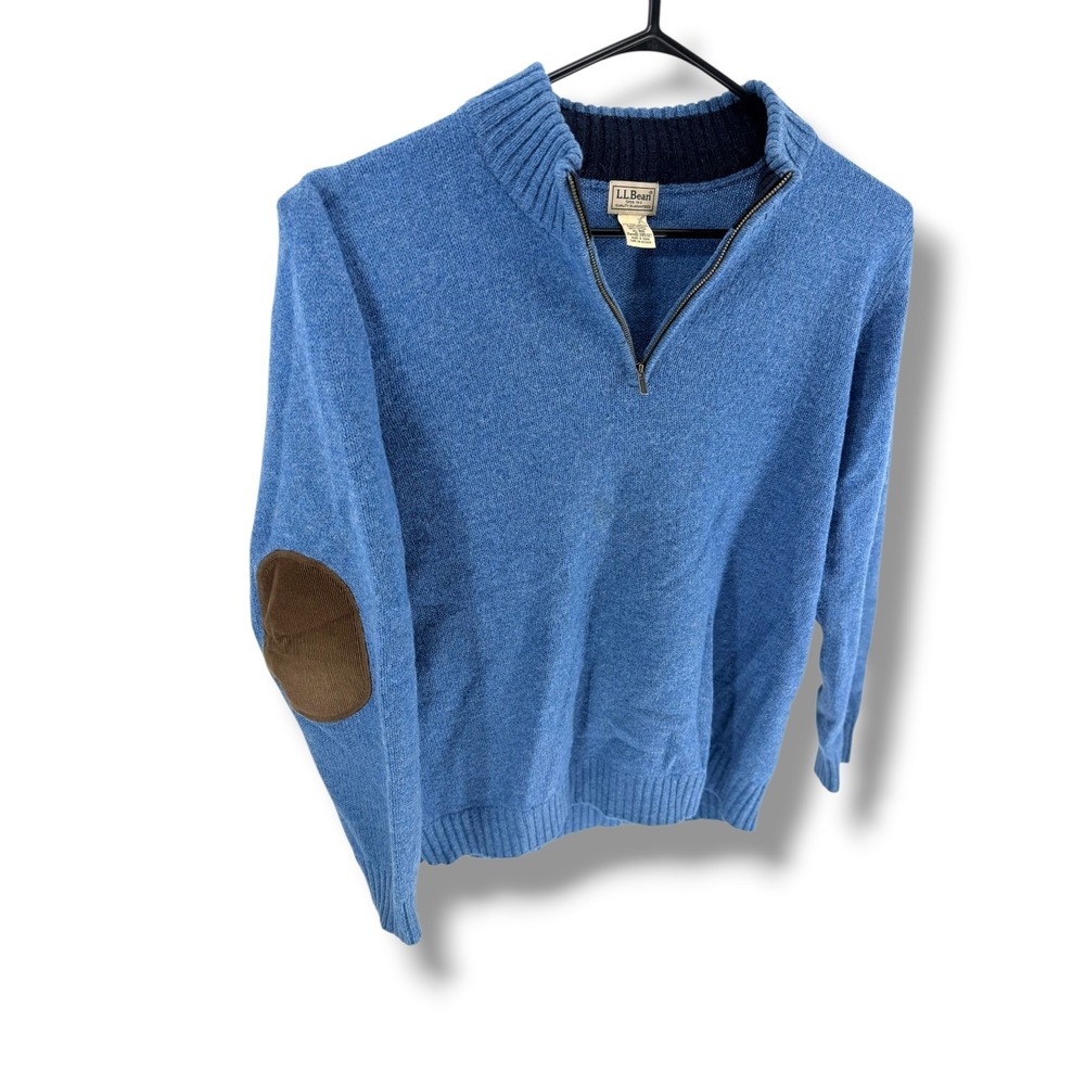LL Bean Shetland Wool Quarter Zip Sweater Mens XL Blue Elbow Patches Ivy League